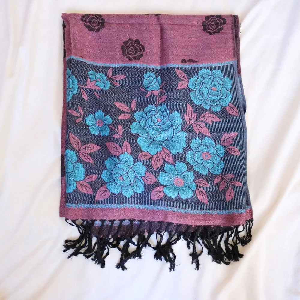 Teal and Mauve Rose Floral Fringe Scarf